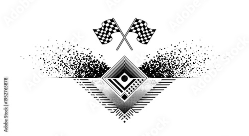 dynamic racing checkered flags with abstract geometric patterns and dispersing pixel effects symbolizing speed and competition for modern designs.