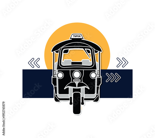 Realistic black and white frontal view of a tuk-tuk with symmetrical headlights, oversized yellow-orange circle centered behind the roof, deep navy horizontal