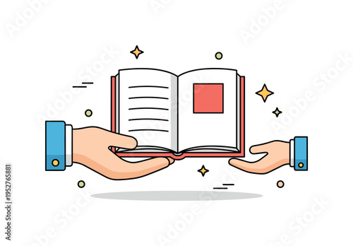 Family tradition concept represented by a large open book passing from a bigger hand to a smaller one, symbolizing shared stories and generational knowledge.