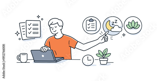 Redefining productivity. A worker closing a laptop and choosing rest icons over task lists. Shift from hustle performance to sustainable balance and recovery.
