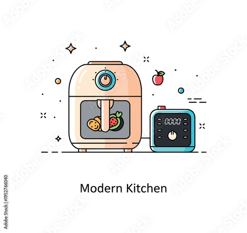 Luxury kitchen gadgets multifunction air fryer scene with a rounded appliance and small digital control panel, minimal food icon inside symbolizing healthier