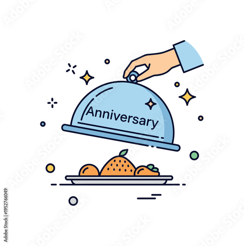 Anniversary dinner cooking theme featuring a covered serving tray being lifted slightly with subtle sparkle accents, expressing surprise and refined
