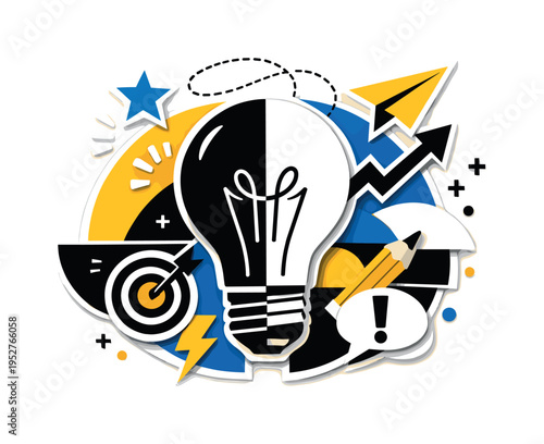 A dynamic graphic collage showing a black and white light bulb intersected by semicircles, arrows and abstract symbols representing creativity and insight,