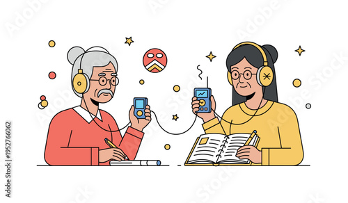 Documenting indigenous language revitalization field linguist recording an elder speaker with a small audio device while a notebook captures traditional words,