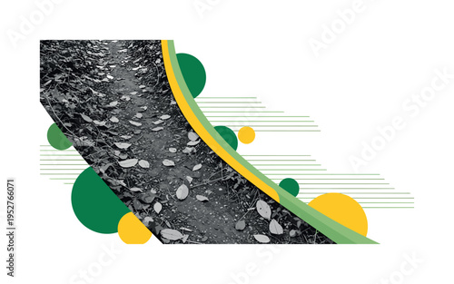 Black and white dirt trail with scattered leaves, combined with overlapping green and yellow circles and thin horizontal rhythm lines suggesting natural flow,
