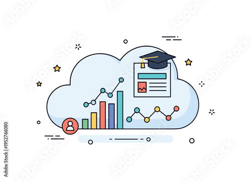 Educational analytics dashboard in the cloud showing a cloud shape integrated with simple bar chart and progress line icons, representing data driven decision