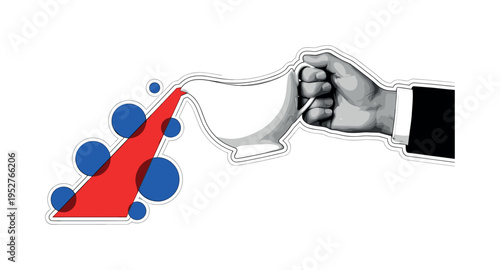 A monochrome hand holding a classic gravy boat tilted slightly, flat abstract liquid shape flowing out as a bold geometric block, circular elements emphasizing