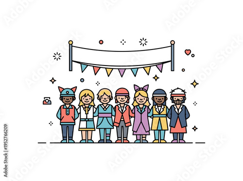 Cosplay community meetup illustrated by a small group of stylized characters in diverse costumes standing together beneath a simple banner, symbolizing