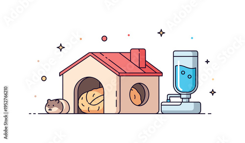 Cozy hamster corner compact hideout house with soft nesting material and a nearby water dispenser, conveying comfort and a secure resting
