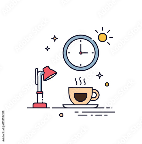 Morning espresso break illustrated by a small cup next to a minimal wall clock and tiny sunlight accent, expressing a quick recharge during a busy day. The