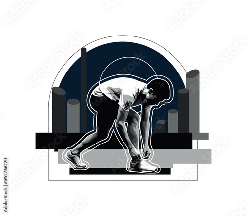 black and white runner tying shoelaces before start, deep navy semicircle behind figure symbolizing focus, geometric cylinders and flat rectangular forms