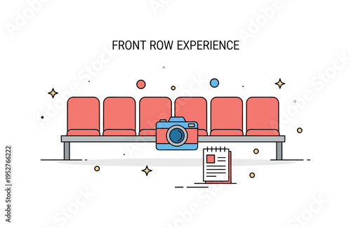 Front row experience stylized seating row with a camera icon and small notepad placed in front, symbolizing media coverage and influencer presence. A compact