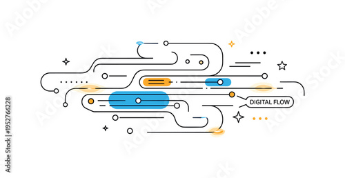 Conceptual tech abstraction illustrated by flowing lines, minimal geometric shapes and subtle glow accents forming a dynamic pattern. A small ?Digital Flow?