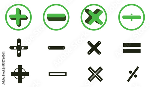 Set of mathematical operation icon collection name: plus, minus, multiplication, division equal and percentage. basic mathematical symbols in cyan green and black colors icon. vector illustration