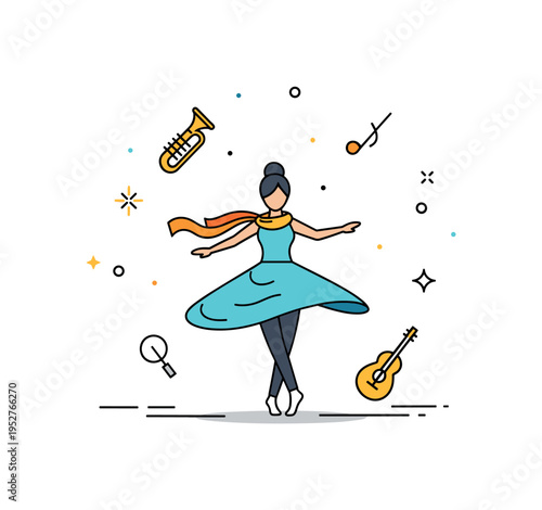 Street performance parade scene built around a dancer twirling with a flowing scarf, accompanied by subtle musical instrument icons to express movement and