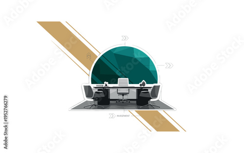 Black and white luxury office interior with large desk and two chairs facing each other, vibrant dark teal geometric semicircle behind seating area, muted gold