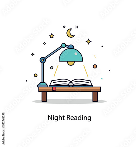 Evening reading corner scene showing a lamp glowing softly above an open book on a small table. Tiny moon icon and a short ?Night Reading? caption communicate