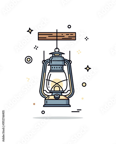 Rustic hanging lantern metal and glass lantern suspended from a small wooden beam with soft glowing light inside, conveying cozy evening ambiance and