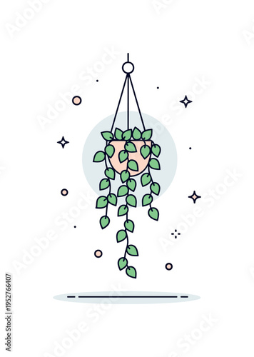 Hanging vine plant theme illustrated through a trailing leafy branch descending from a subtle pot outline, symbolizing indoor greenery and modern plant decor.