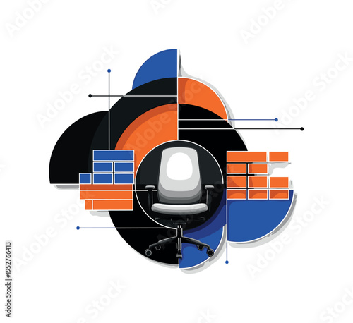 Black and white realistic office chair centered in composition, abstract semicircles and structured blocks surrounding it to represent workspace management,
