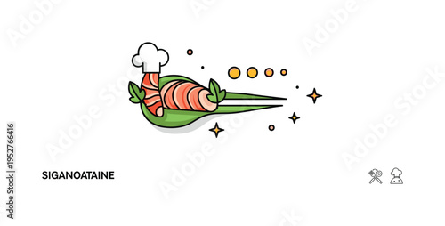 Chef signature dish artfully plated seafood with minimal herb garnish and decorative sauce dots forming a clean visual rhythm. A premium editorial badge about