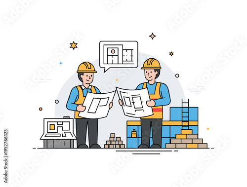 Architect and construction worker reviewing plans at a compact job site expressing communication between design and execution. Clean geometric layout