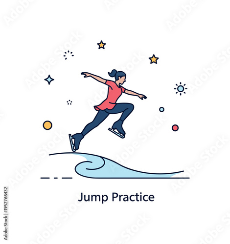 Skating and ice sports jump technique development concept showing a figure skater silhouette mid air above a subtle ice curve, expressing elevation, timing,