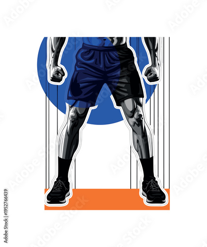 Black and white athletic stance with legs planted firmly and fists clenched, large cobalt blue circle partially hidden behind the upper body, orange