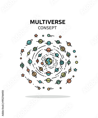 Multiverse concept badge centered on a cluster of small orbiting planets arranged in a circular motion representing countless coexisting worlds. The dynamic