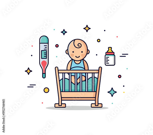 Newborn care essentials compact scene with baby crib, thermometer and tiny bottle arranged around a central infant icon, conveying attentive monitoring and