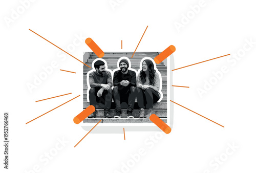 A realistic monochrome candid moment of friends sitting on steps laughing, combined with orange cylindrical accents and diagonal lines expressing spontaneous
