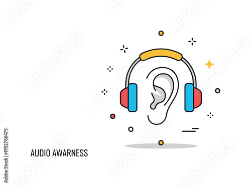 Audio awareness concept centered on a minimal headphone icon surrounding an ear silhouette, expressing immersive listening and focused attention. Clean