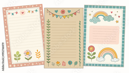 Colorful scrapbook paper notes with floral and rainbow designs on textured background for creative journaling and crafting