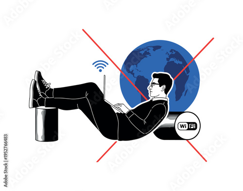 Black and white reclining figure working on a laptop with feet elevated on geometric cylinder, large blue circle behind head symbolizing global thinking, red
