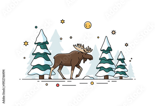 Taiga wildlife scene with a moose walking through snow-covered conifers, illustrating natural habitat, tranquility, and the richness of northern ecosystems.