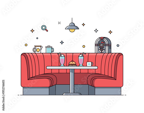 Vintage diner booth cozy red leather booth with a small round table, milkshake glasses and a tiny tabletop jukebox, expressing warm memories of
