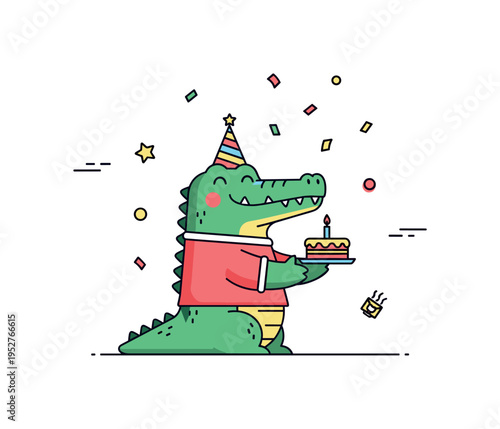 Crocodile Gena birthday celebration moment featuring the cheerful crocodile holding a small cake with one candle and light confetti floating around. A joyful