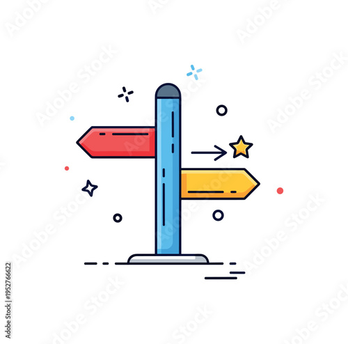 Ethical decision making crossroads sign with two arrows and a small star marking the right path. A symbolic micro scene representing conscious choice and