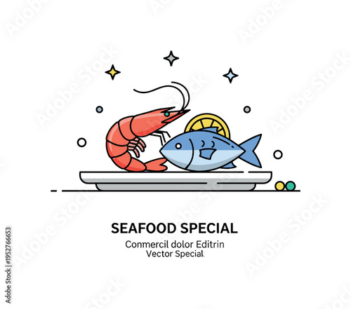 Fresh seafood plating process illustrated by a small shrimp and fish duo arranged neatly on a plate with lemon garnish expressing presentation and culinary