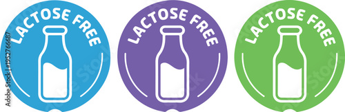 Dairy free product label badge collection with milk bottle icon, lactose free, vegan food packaging, healthy vector illustration set