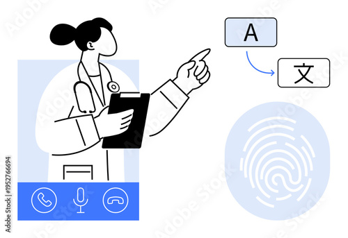 Language translation, telehealth, digital communication, fingerprint security, online services, innovation. Female doctor holding a clipboard and pointing to translation elements. Language