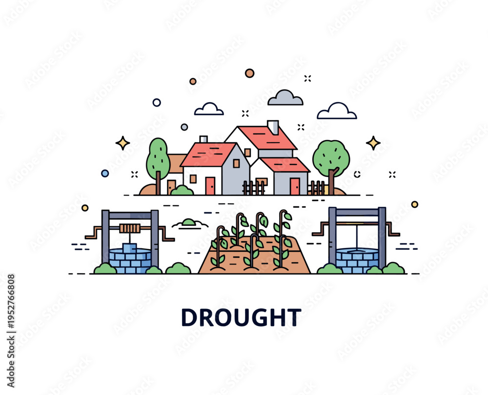 Fototapeta premium Drought showing a small village with empty wells and wilted gardens, conveying human impact and daily challenges in arid conditions. Minimalist flat vector