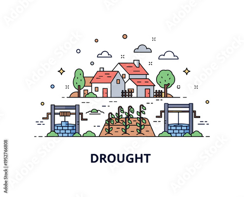 Drought showing a small village with empty wells and wilted gardens, conveying human impact and daily challenges in arid conditions. Minimalist flat vector
