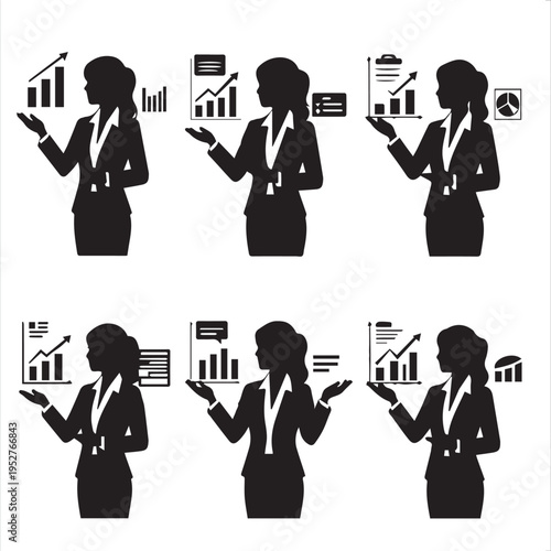 A set of business people icons featuring black silhouettes of a fashion model and a woman in a dress walking with a shopping bag to represent a business style illustration