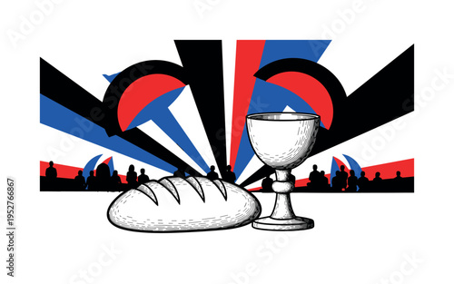 Black and white symbolic bread and cup enlarged in the foreground with small seated silhouettes in the background, bold radial beams and semicircles