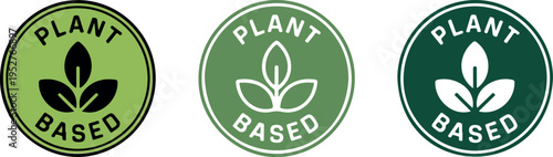 Plant-Based Eco Badge Collection with Leaf Icon, Organic Vegan Food Labels, Green Natural Product Stickers Vector Set