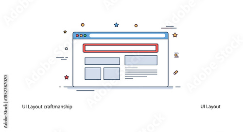 Web design modern website layout concept with a clean browser window centered in the composition, showing simple content blocks and a bold header bar that