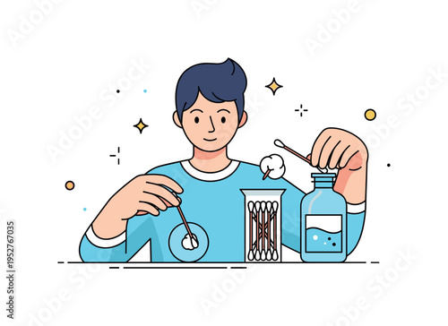 A person replacing disposable cotton swabs with bamboo alternatives and refillable bottles, with subtle decorative stars, emphasizing sustainable swaps and