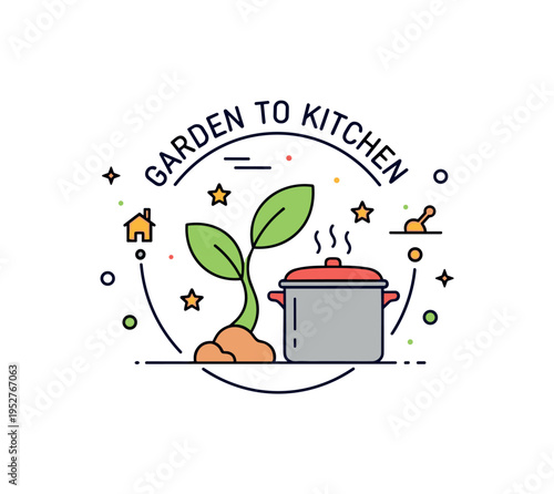 Garden to kitchen concept badge small sprouting plant combined with cooking pot inside a circular frame, symbolizing direct connection between harvest and home