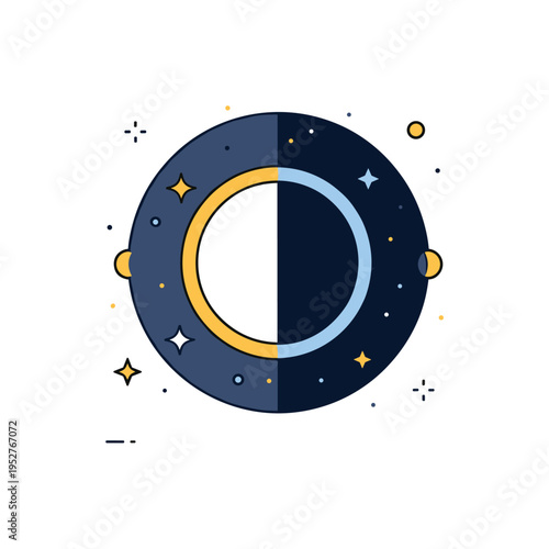 Eclipse cosmic contrast theme featuring a bright sun disk partially hidden behind a dark circular shadow with subtle star accents, expressing duality, balance